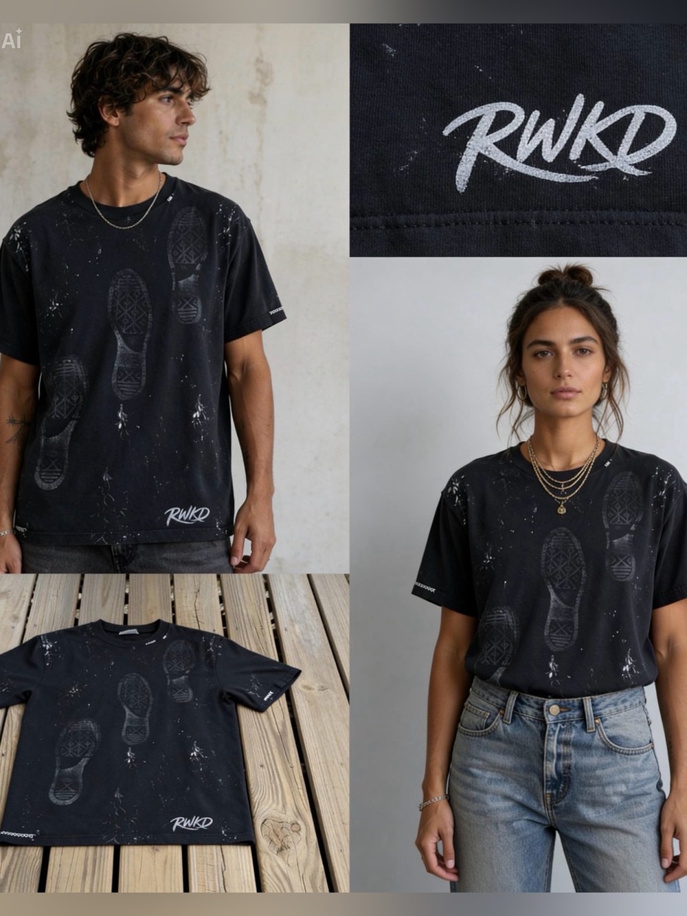 Custom Reworked Comfort Colors T-Shirt Medium Black Stitch Mending Sneaker Print